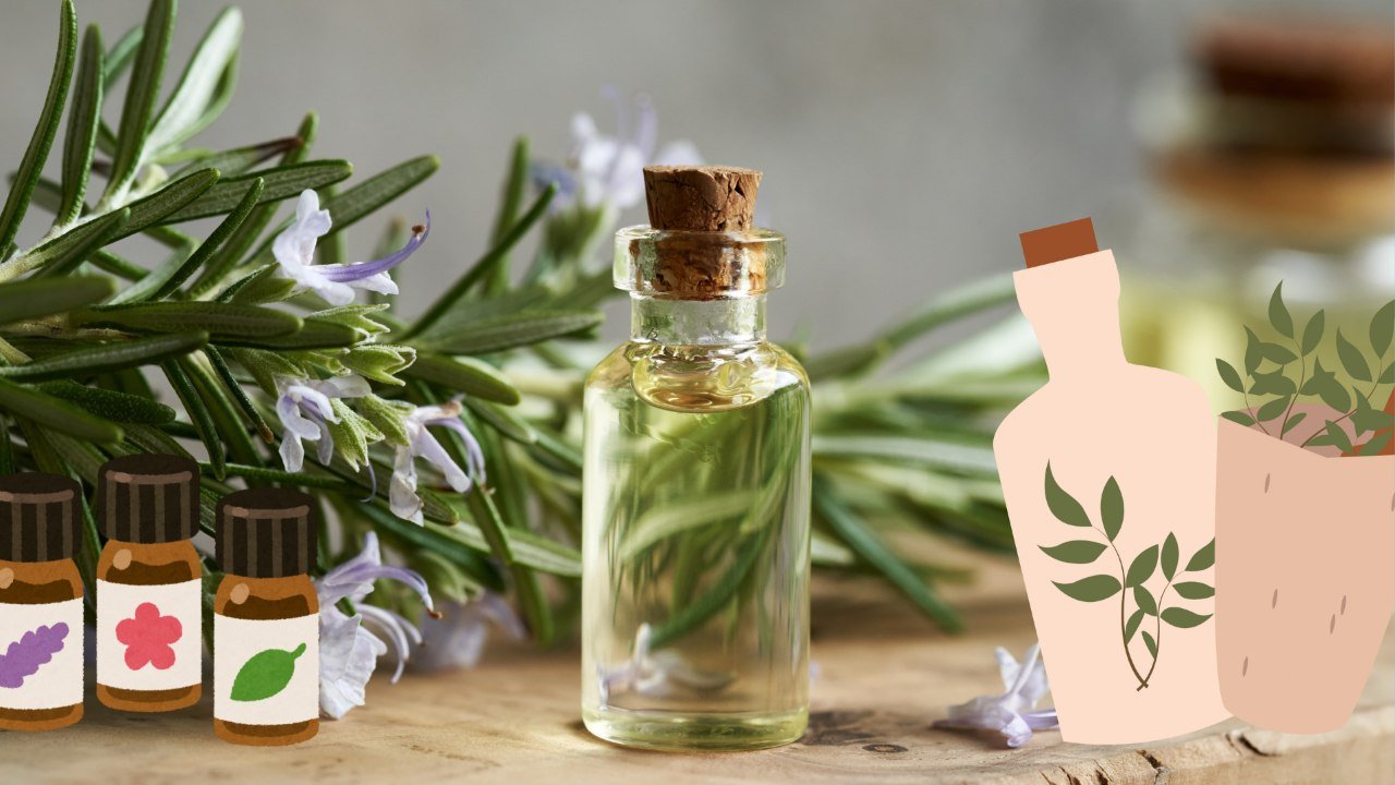 Rama de romero con una botella de tintura madre, aceite esencial y mortero - Naturopatía Holística - Voces Holísticas