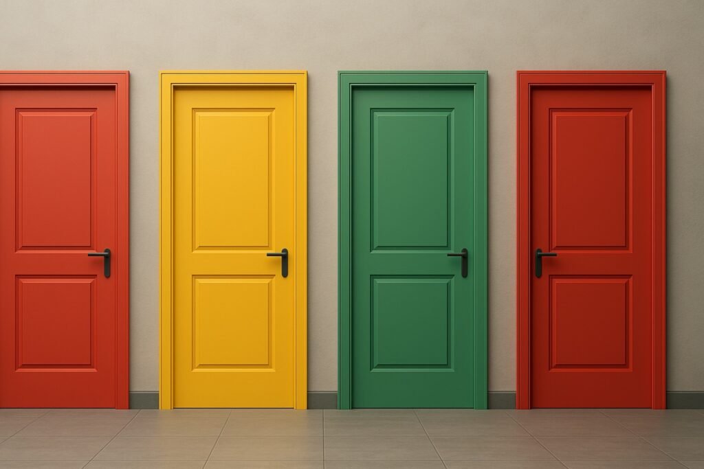 Cuatro puertas cerradas - dos rojas, una amarilla y una verde - sobre una pared gris, representando distintos caminos potenciales de la realidad en el marco del Reality Transurfing, donde la puerta verde simboliza la elección alineada con el equilibrio y la intención pura.