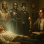 Imagen hiperrealista que representa una sesión de Regresión a vidas pasadas. Un paciente yace en una camilla acolchada con expresión serena, mientras una hipnoterapeuta contemporánea lo guía sosteniendo un péndulo de plata. De su cuerpo emana una estela etérea que revela tres versiones suyas en épocas anteriores: un faraón egipcio, un caballero medieval con armadura y espada, y un caballero victoriano. La escena tiene una iluminación cálida y mística, con detalles clásicos en el consultorio que acentúan la atmósfera introspectiva.