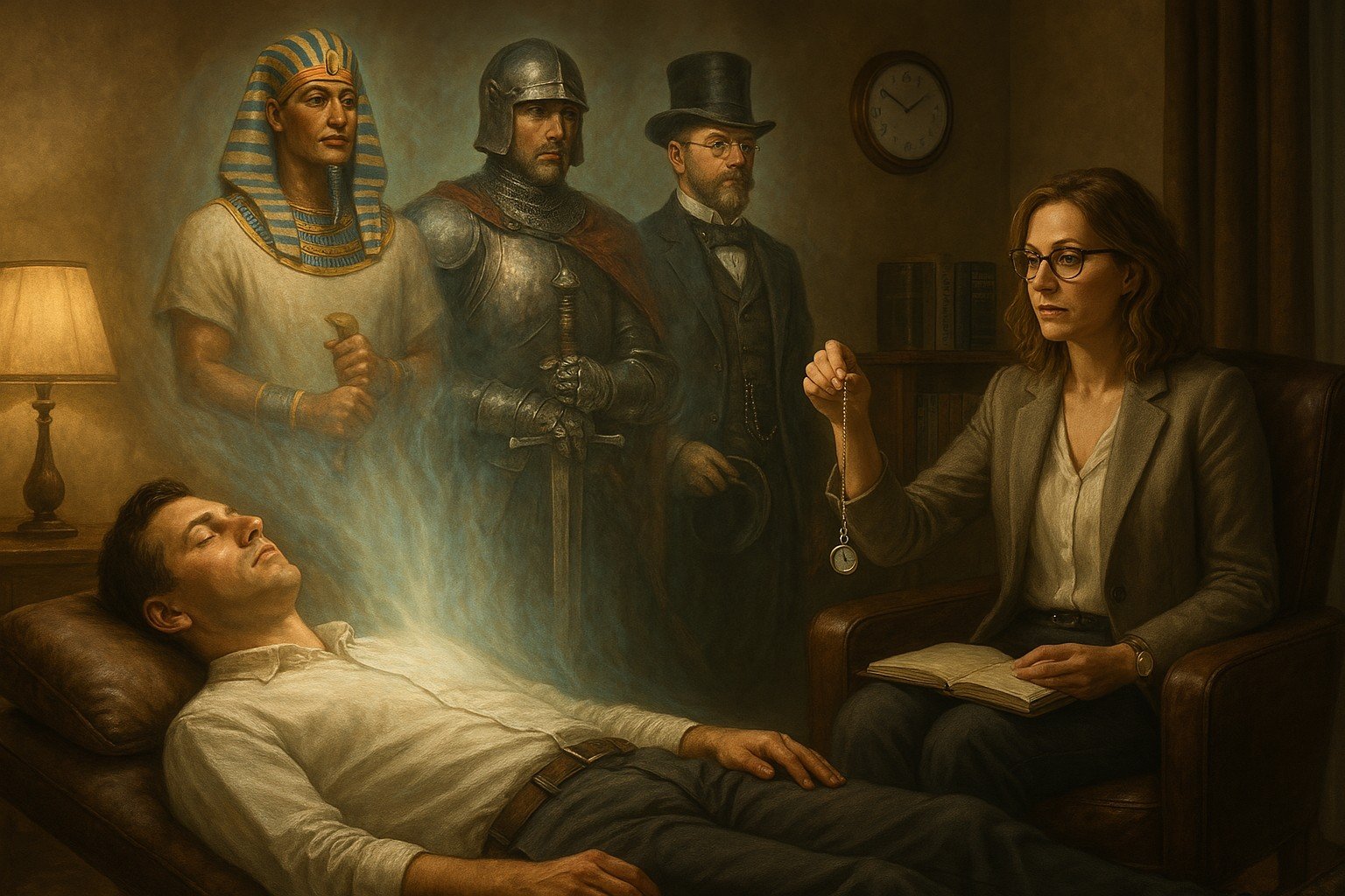 Imagen hiperrealista que representa una sesión de Regresión a vidas pasadas. Un paciente yace en una camilla acolchada con expresión serena, mientras una hipnoterapeuta contemporánea lo guía sosteniendo un péndulo de plata. De su cuerpo emana una estela etérea que revela tres versiones suyas en épocas anteriores: un faraón egipcio, un caballero medieval con armadura y espada, y un caballero victoriano. La escena tiene una iluminación cálida y mística, con detalles clásicos en el consultorio que acentúan la atmósfera introspectiva.