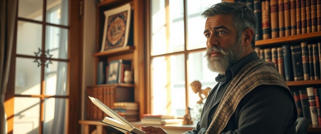 Hombre maduro leyendo con atención libro de la Ley de la Asunción, rodeado de libros, en un ambiente cálido que invita a explorar y descubrir el poder creativo de la mente.